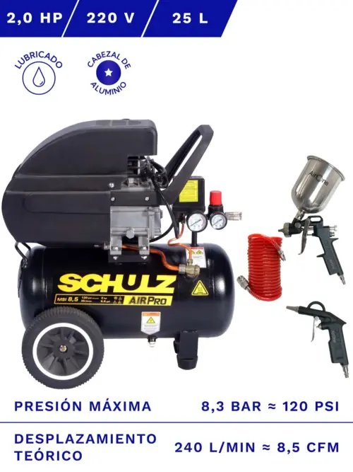COMPRESOR DE AIRE SCHULZ MSI-8.5 2HP 25L CON KIT ACCESORIOS 3PZS