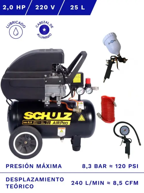 COMPRESOR DE AIRE SCHULZ MSI-8.5 2HP 25L CON KIT ACCESORIOS 3PZS