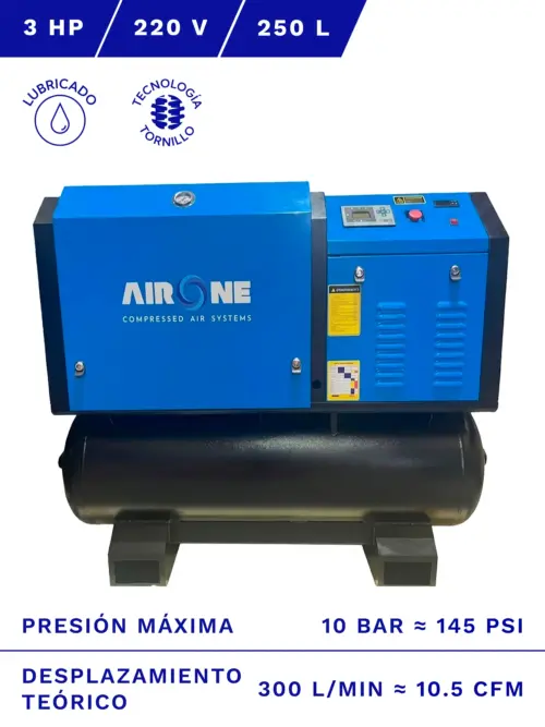 COMPRESOR DE TORNILLO 3 EN 1 AIRONE 3HP 10BAR 250L 10.5CFM
