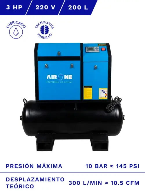 COMPRESOR DE TORNILLO AIRONE 3HP 10BAR 200L 10.5CFM